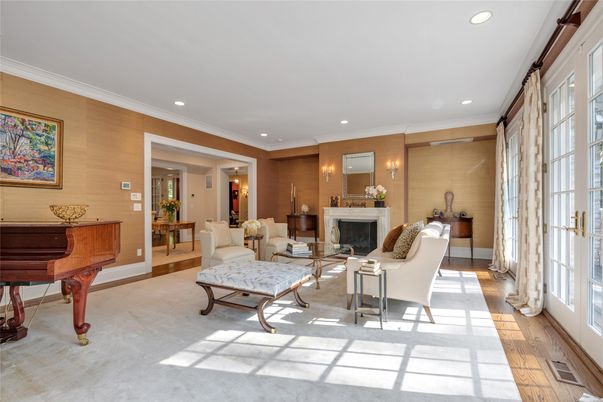 Fireplace, Interior, Living room, Piano, Recessed Lighting, Wood Texture Flooring, Wooden Walls