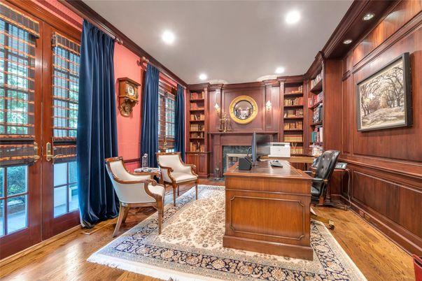 Fireplace, Home Office, Interior, Recessed Lighting, Wood Texture Flooring, Wooden Walls