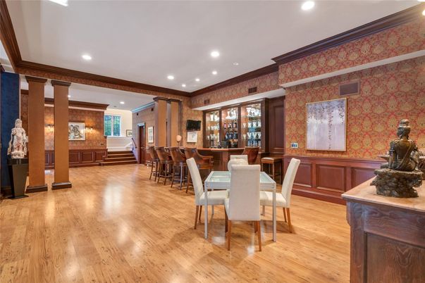 Dining room, Interior, Recessed Lighting, Wood Texture Flooring