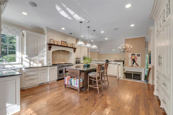 Chandelier, Interior, Kitchen, Pendant Lights, Recessed Lighting, Stainless Steel Appliances, Wood Texture Flooring