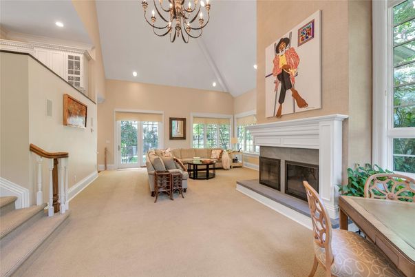 Chandelier, Fireplace, Interior, Living room, Recessed Lighting