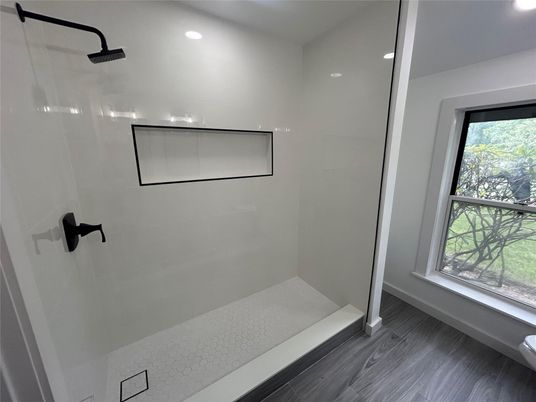 Bathroom, Glass Shower, Interior, Recessed Lighting, Wood Texture Flooring