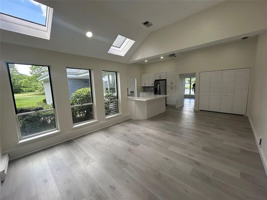 Empty room, Interior, Kitchen, Recessed Lighting, Wood Texture Flooring