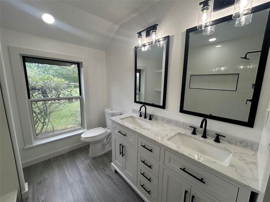Bathroom, Dual Sink Vanities, Interior, Recessed Lighting, Wood Texture Flooring