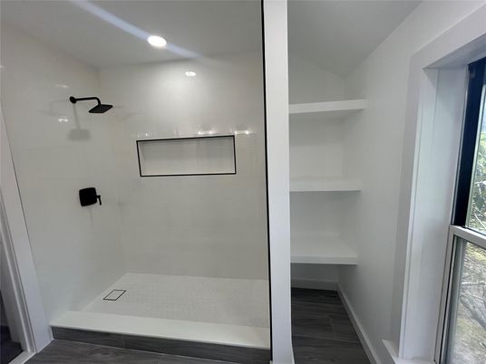 Bathroom, Glass Shower, Interior, Recessed Lighting, Wood Texture Flooring