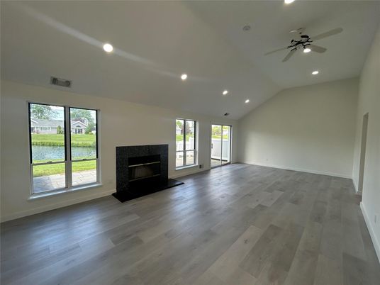 Empty room, Fireplace, Interior, Recessed Lighting, Wood Texture Flooring