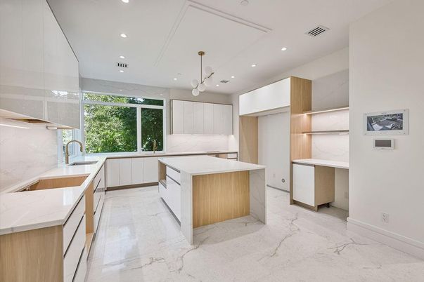 Interior, Kitchen, Marble, Marble Walls, Pendant Lights, Recessed Lighting