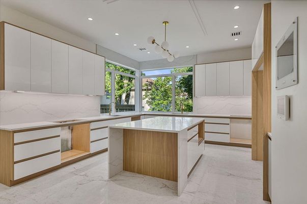 Interior, Kitchen, Marble, Marble Walls, Pendant Lights, Recessed Lighting