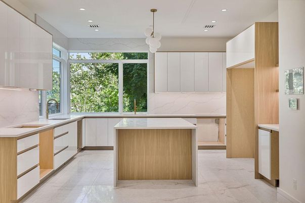 Interior, Kitchen, Marble, Marble Walls, Pendant Lights, Recessed Lighting