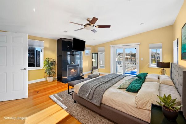 Bedroom, Fireplace, Interior, Recessed Lighting, Wood Texture Flooring