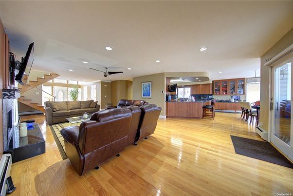Dining room, Fireplace, Interior, Kitchen, Living room, Recessed Lighting, Wood Texture Flooring