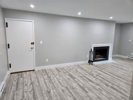 Empty room, Fireplace, Interior, Recessed Lighting, Wood Texture Flooring