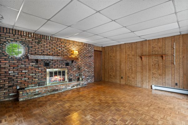 Empty room, Fireplace, Interior, Stone Walls, Wood Texture Flooring, Wooden Walls