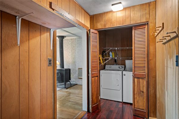 Interior, Utility Closets, Washer, Wood Texture Flooring, Wooden Walls