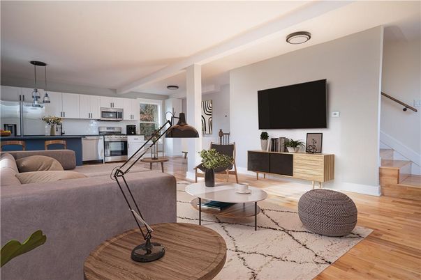 Interior, Kitchen, Living room, Pendant Lights, Stainless Steel Appliances, Wood Texture Flooring