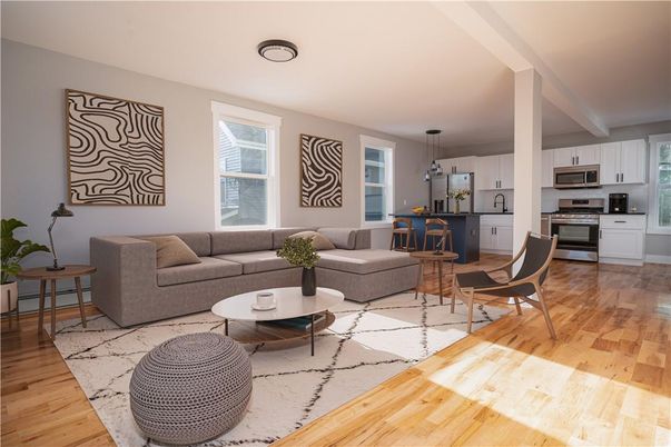 Interior, Kitchen, Living room, Pendant Lights, Stainless Steel Appliances, Wood Texture Flooring