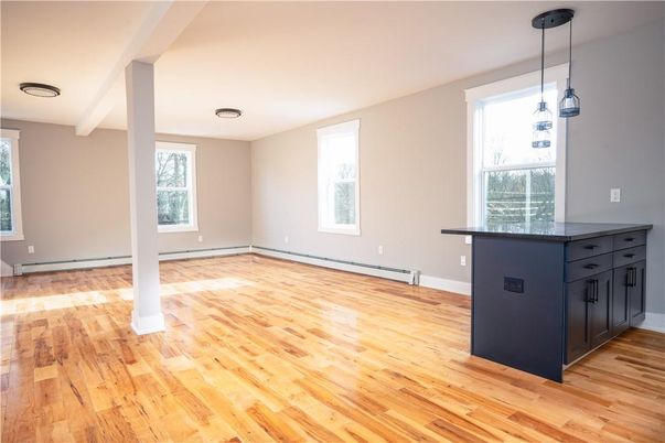 Empty room, Interior, Pendant Lights, Recessed Lighting, Wood Texture Flooring