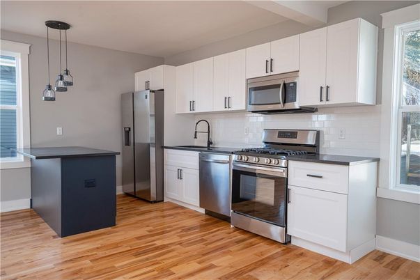 Interior, Kitchen, Pendant Lights, Stainless Steel Appliances, Wood Texture Flooring