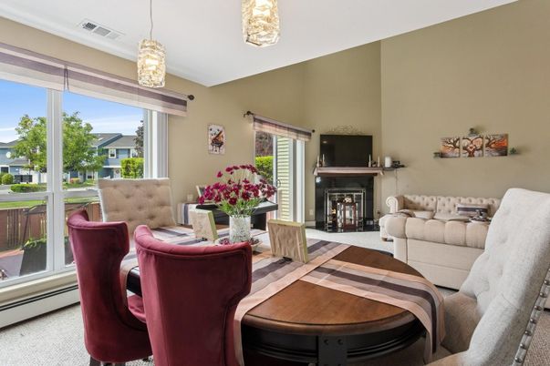 Dining room, Fireplace, Interior, Living room, Pendant Lights