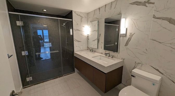 Bathroom, Glass Shower, Interior, Marble Walls, Recessed Lighting