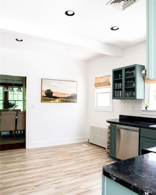 Dining room, Interior, Kitchen, Recessed Lighting, Wood Texture Flooring