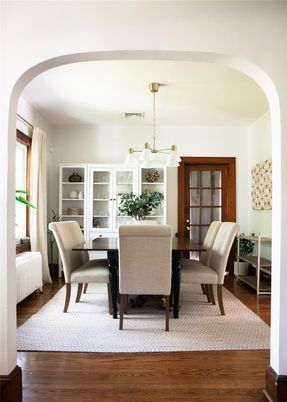 Dining room, Interior, Pendant Lights, Wood Texture Flooring