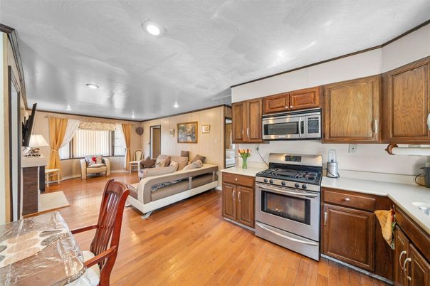 Interior, Kitchen, Living room, Recessed Lighting, Stainless Steel Appliances, Wood Texture Flooring