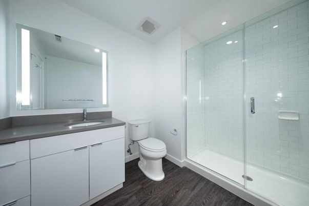 Bathroom, Glass Shower, Interior, Recessed Lighting, Wood Texture Flooring