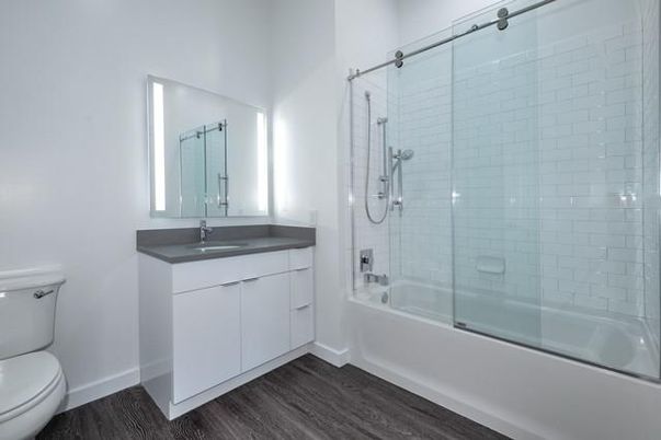 Bathroom, Glass Shower, Interior, Wood Texture Flooring
