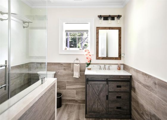 Bathroom, Glass Shower, Interior, Wood Texture Flooring