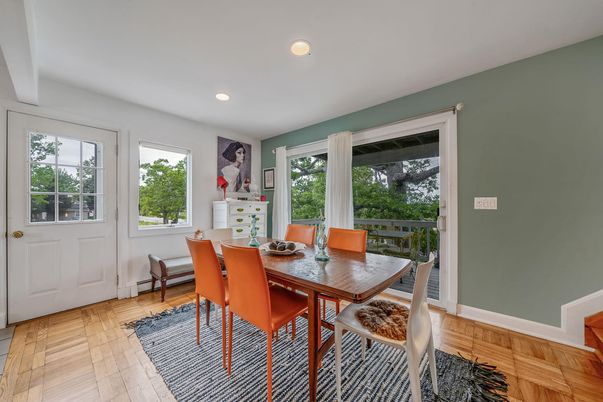 Dining room, Interior, Recessed Lighting, Wood Texture Flooring