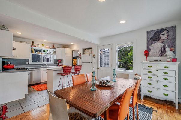 Dining room, Interior, Kitchen, Recessed Lighting, Stainless Steel Appliances, Wood Texture Flooring