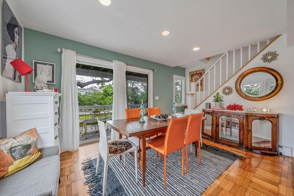 Dining room, Interior, Recessed Lighting, Wood Texture Flooring