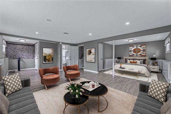 Bedroom, Interior, Living room, Recessed Lighting, Wood Texture Flooring