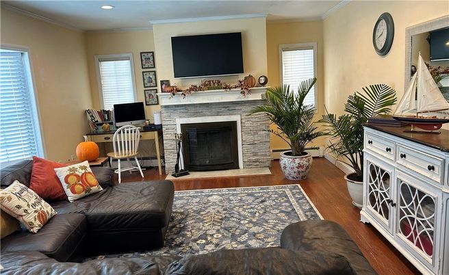 Fireplace, Home Office, Interior, Living room, Recessed Lighting, Wood Texture Flooring