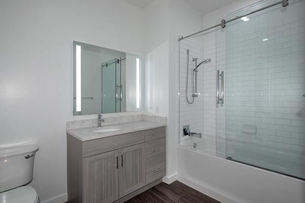 Bathroom, Glass Shower, Interior, Wood Texture Flooring