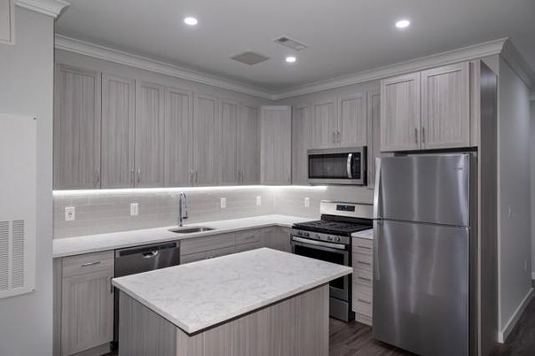 Interior, Kitchen, Recessed Lighting, Stainless Steel Appliances, Wood Texture Flooring