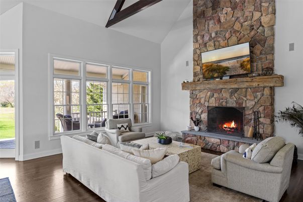 Fireplace, Interior, Living room, Stone Walls, Wood Texture Flooring