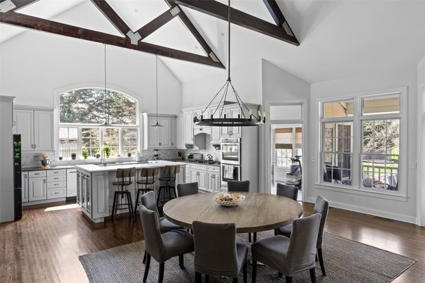 Dining room, Interior, Kitchen, Pendant Lights, Stainless Steel Appliances, Wooden Beams, Wood Texture Flooring