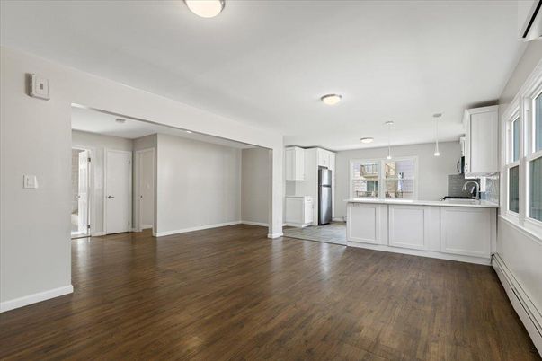 Empty room, Interior, Kitchen, Recessed Lighting, Wood Texture Flooring