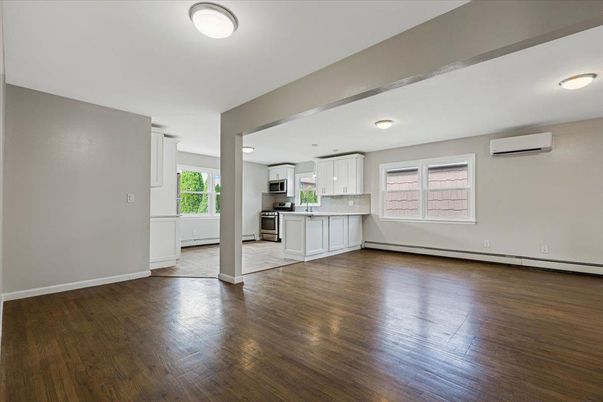 Empty room, Interior, Kitchen, Stainless Steel Appliances, Wood Texture Flooring