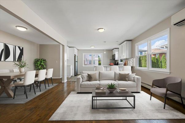 Dining room, Interior, Kitchen, Living room, Pendant Lights, Wood Texture Flooring