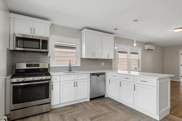 Interior, Kitchen, Pendant Lights, Stainless Steel Appliances, Wood Texture Flooring