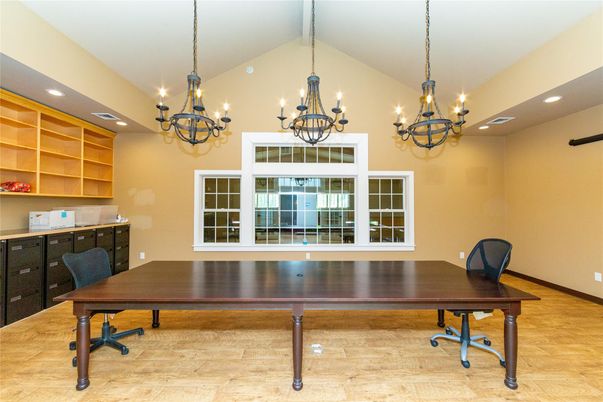 Chandelier, Home Office, Interior, Recessed Lighting, Wood Texture Flooring