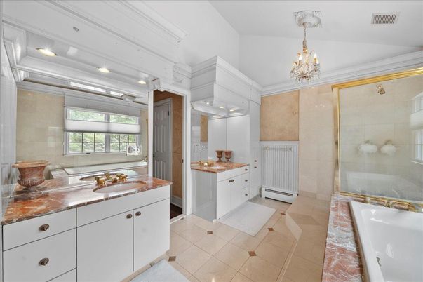 Bathroom, Chandelier, Dual Sink Vanities, Glass Shower, Interior, Recessed Lighting