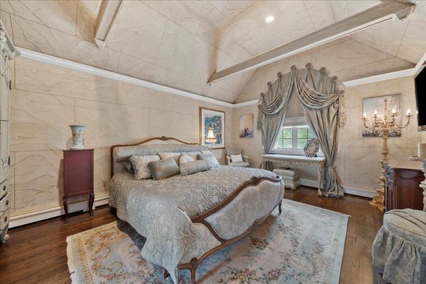 Bedroom, Chandelier, Interior, Marble Walls, Recessed Lighting, Wood Texture Flooring
