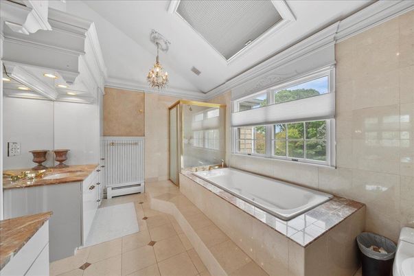 Bathroom, Chandelier, Glass Shower, Interior, Recessed Lighting