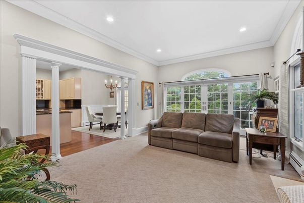 Chandelier, Dining room, Interior, Living room, Recessed Lighting, Wood Texture Flooring