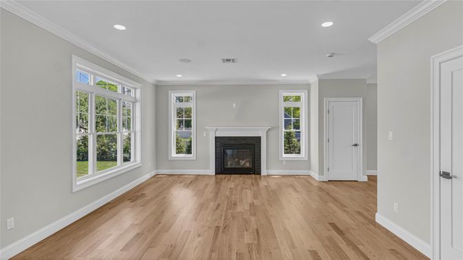 Empty room, Fireplace, Interior, Recessed Lighting, Wood Texture Flooring
