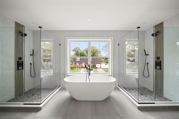 Bathroom, Free Standing Baths, Glass Shower, Interior, Recessed Lighting